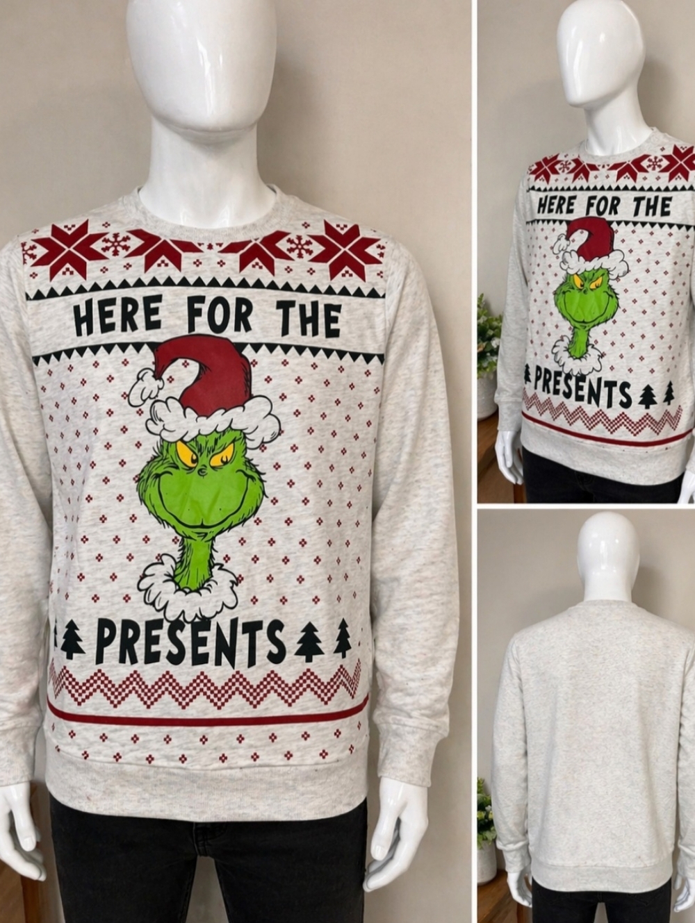 Here For The Presents Grinch Graphic Crewneck Sweater - Light Cream/Green